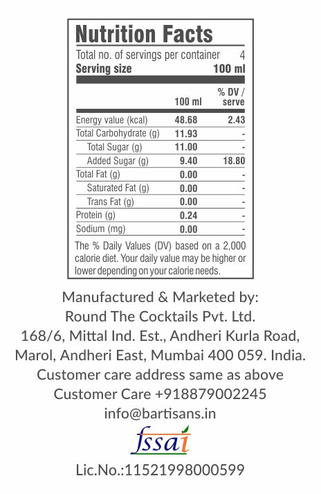 A photograph of the nutritional information label on the back of the cocktail mixers bottle. The label displays the serving size, number of calories, and the amount of carbohydrates, sugars, and other nutrients in each serving. The label also includes the manufacturer's name and address, as well as the FSSAI (Food Safety and Standards Authority of India) license number. In the background, there is a simple, neutral-colored backdrop to ensure that the text on the label is clear and easy to read.