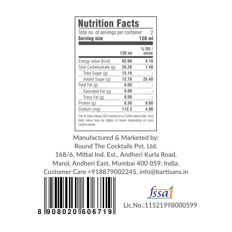 Nutrition facts label and contact information on a white background