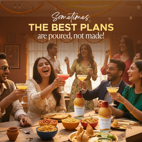 People enjoying a gathering with drinks and snacks, with text 'Sometimes THE BEST PLANS are poured, not made!'