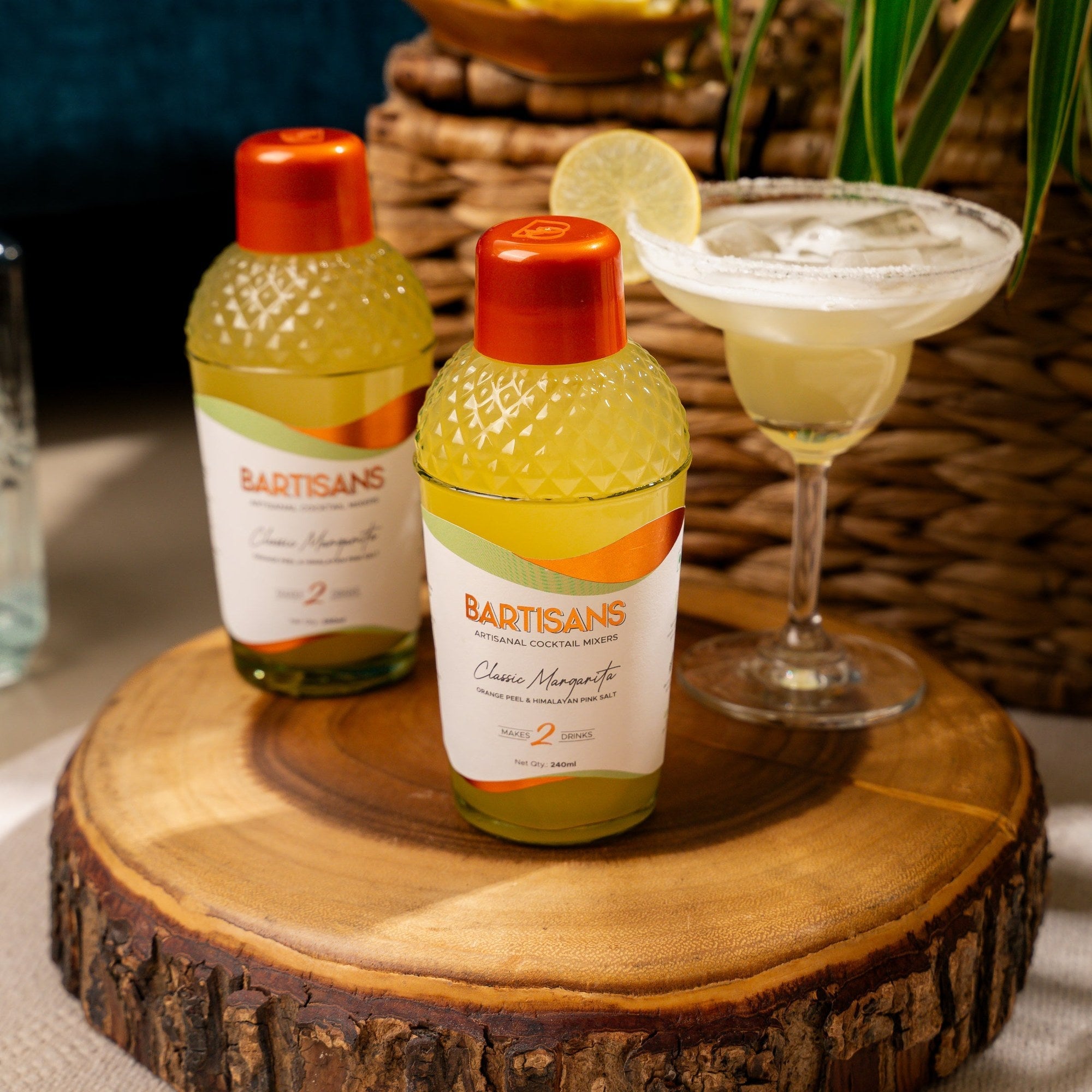  Classic Margarita cocktail mixer bottle styled with a poured cocktail#Serve_2 Drinks 