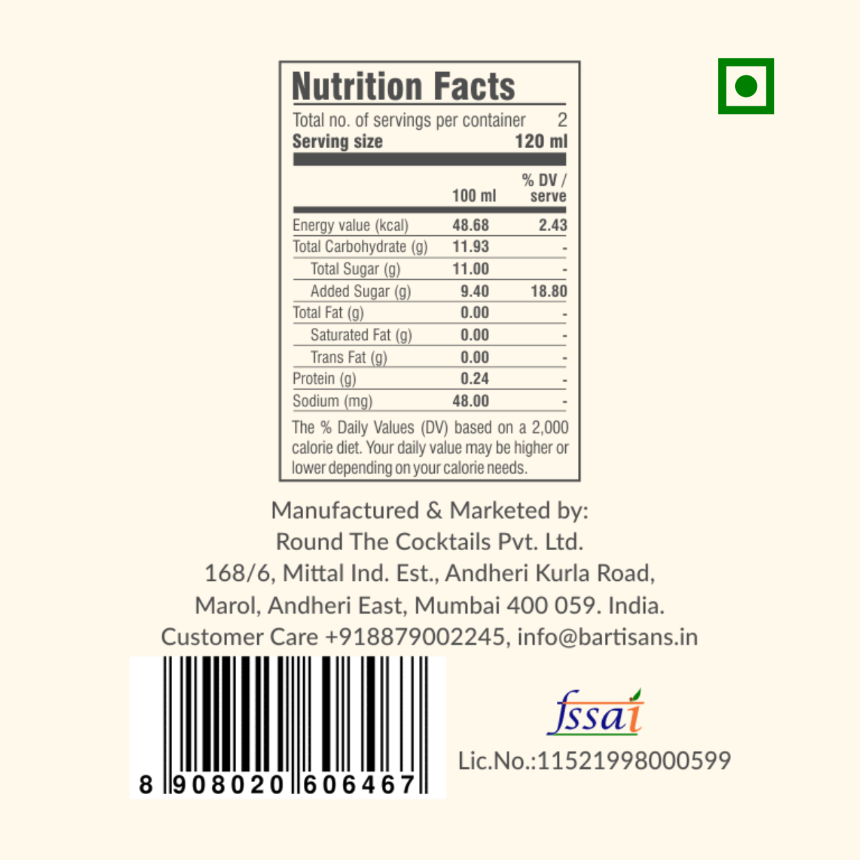 Classic Margarita nutrition facts, ingredient list and FSSAI licence details