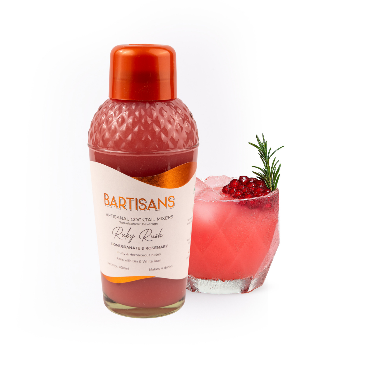 Ruby Rush cocktail mixer bottle styled with a poured cocktail
