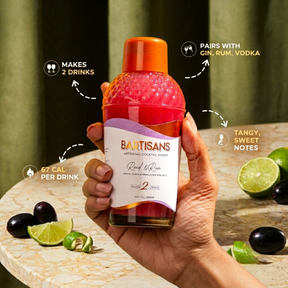 Raid and Run bottle with callouts for servings, calories per drink, spirit pairings and taste notes