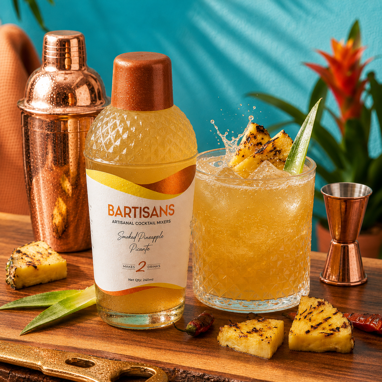  Smoked Pineapple Picante cocktail mixer bottle styled with a poured cocktail#Serve_2 Drinks 