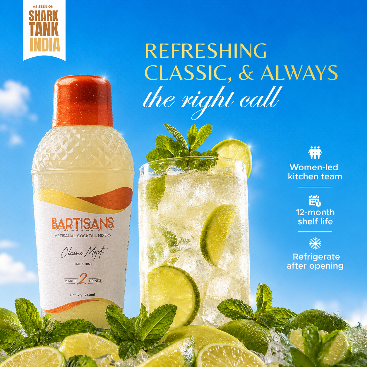 Classic Mojito bottle and cocktail with Bartisans badges: women-led kitchen team, 12-month shelf life, refrigerate after opening