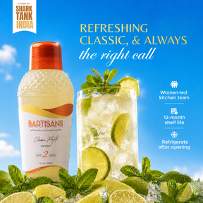 Classic Mojito bottle and cocktail with Bartisans badges: women-led kitchen team, 12-month shelf life, refrigerate after opening