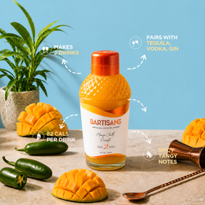 Mango Chilli Picante bottle with callouts for servings, calories per drink, spirit pairings and taste notes