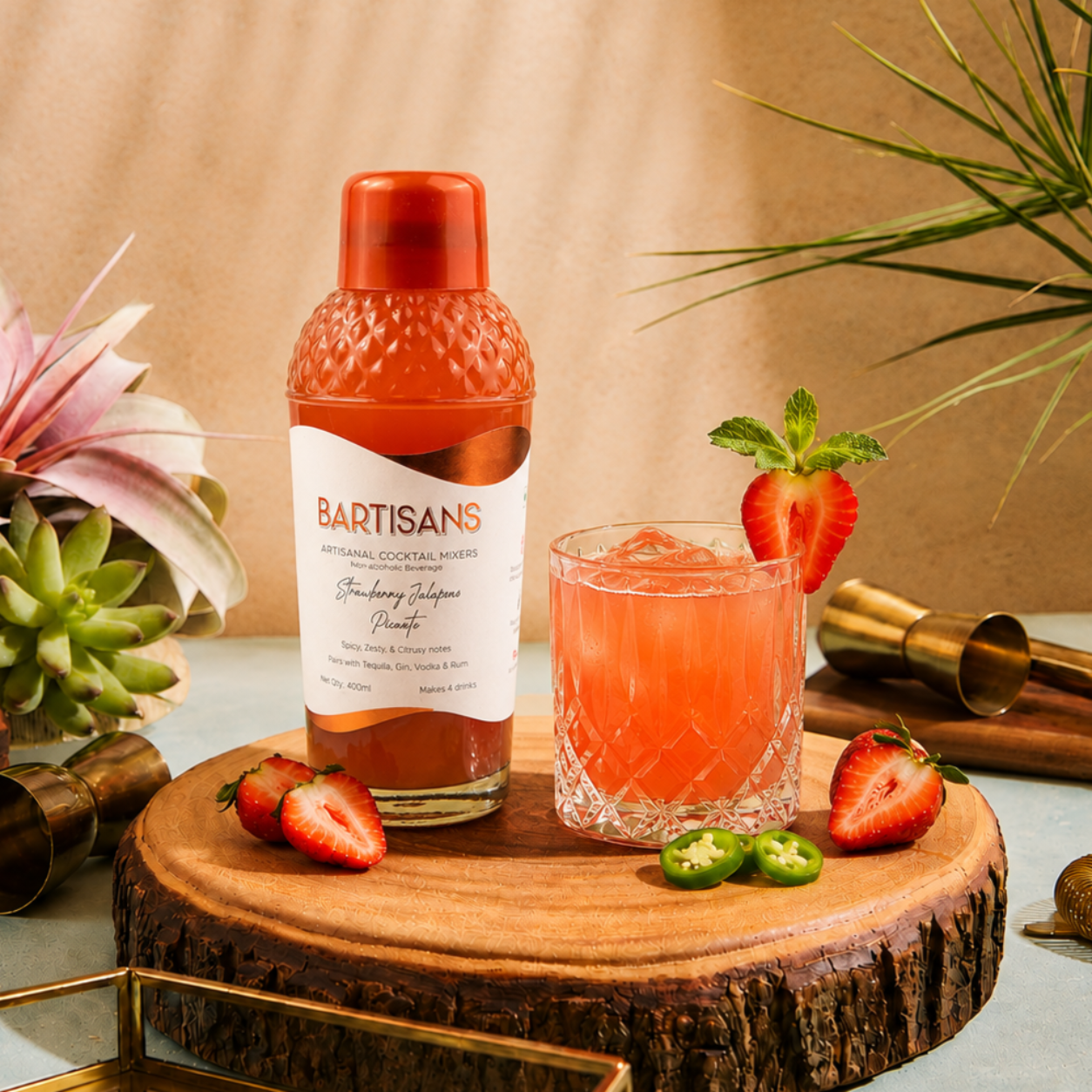 Strawberry Jalapeno Picante cocktail mixer bottle styled with a poured cocktail