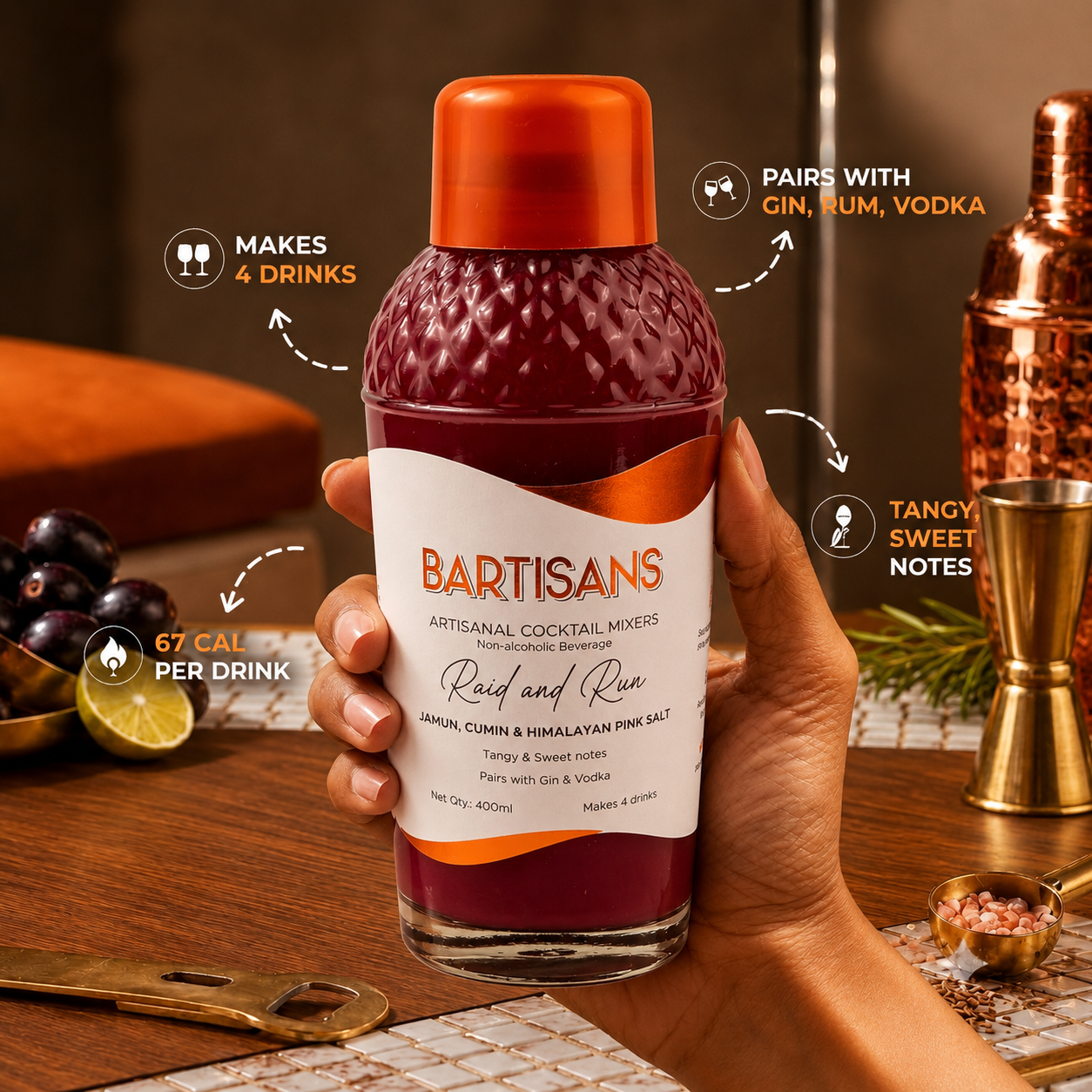 Raid and Run bottle with callouts for servings, calories per drink, spirit pairings and taste notes