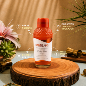 Strawberry Jalapeno Picante bottle with callouts for servings, calories per drink, spirit pairings and taste notes