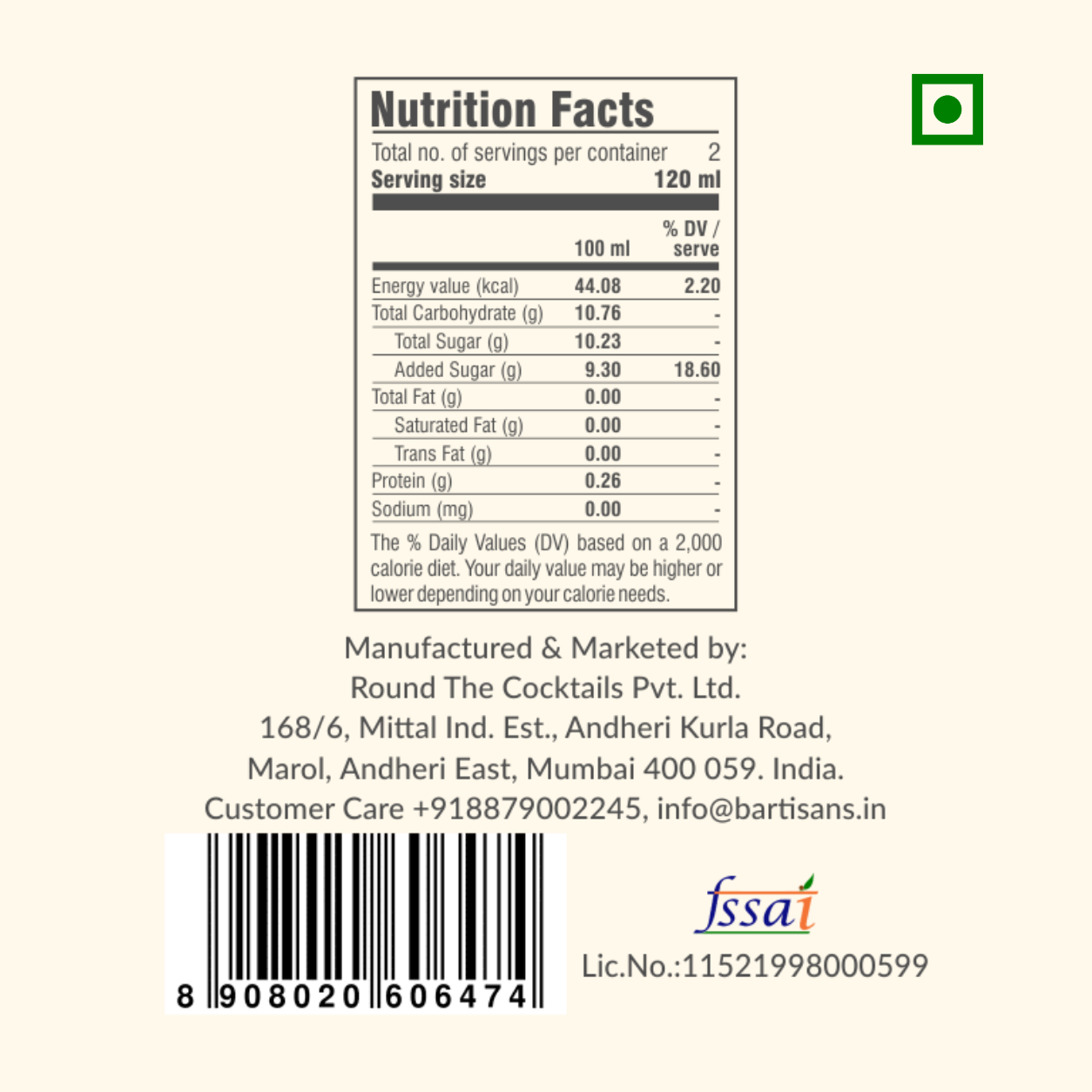 Classic Mojito nutrition facts, ingredient list and FSSAI licence details