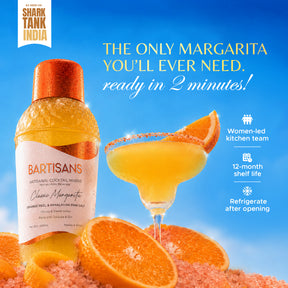 Classic Margarita bottle and cocktail with Bartisans badges: women-led kitchen team, 12-month shelf life, refrigerate after opening