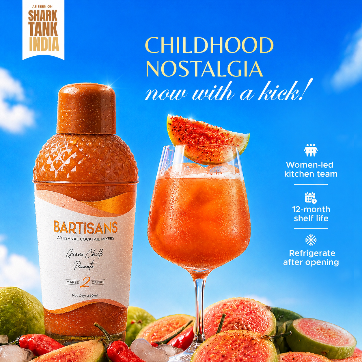  Guava Chilli Picante bottle and cocktail with Bartisans badges: women-led kitchen team, 12-month shelf life, refrigerate after opening#Serve_2 Drinks 