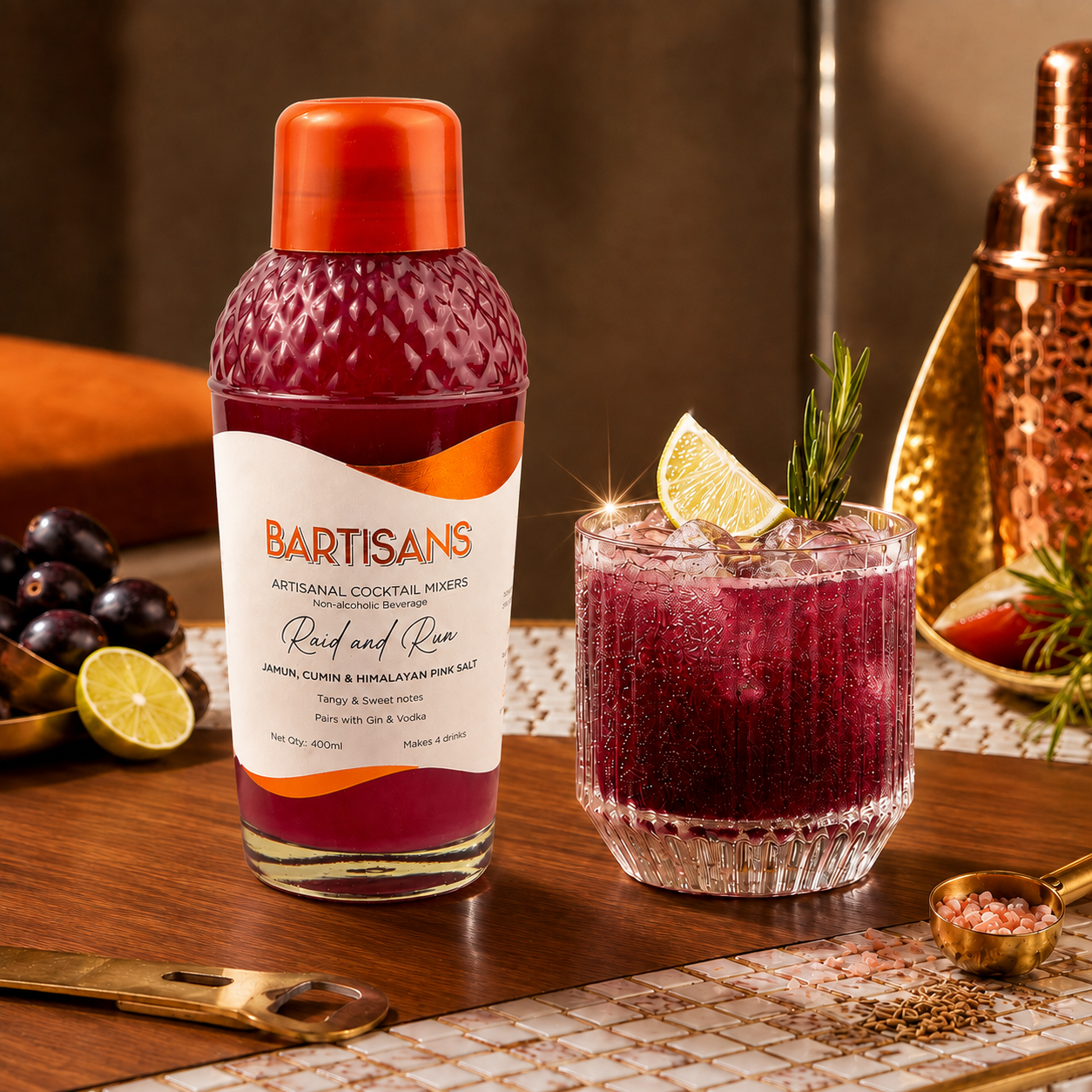 Raid and Run cocktail mixer bottle styled with a poured cocktail