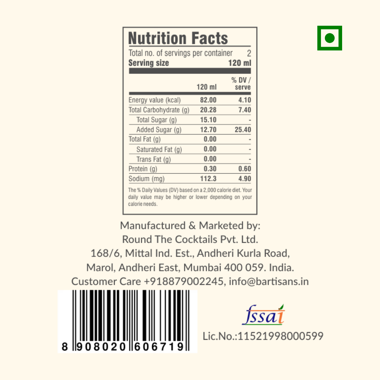 Mango Chilli Picante nutrition facts, ingredient list and FSSAI licence details