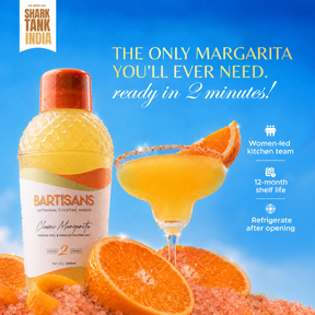 Classic Margarita bottle and cocktail with Bartisans badges: women-led kitchen team, 12-month shelf life, refrigerate after opening