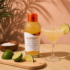 Classic Margarita cocktail mixer bottle styled with a poured cocktail