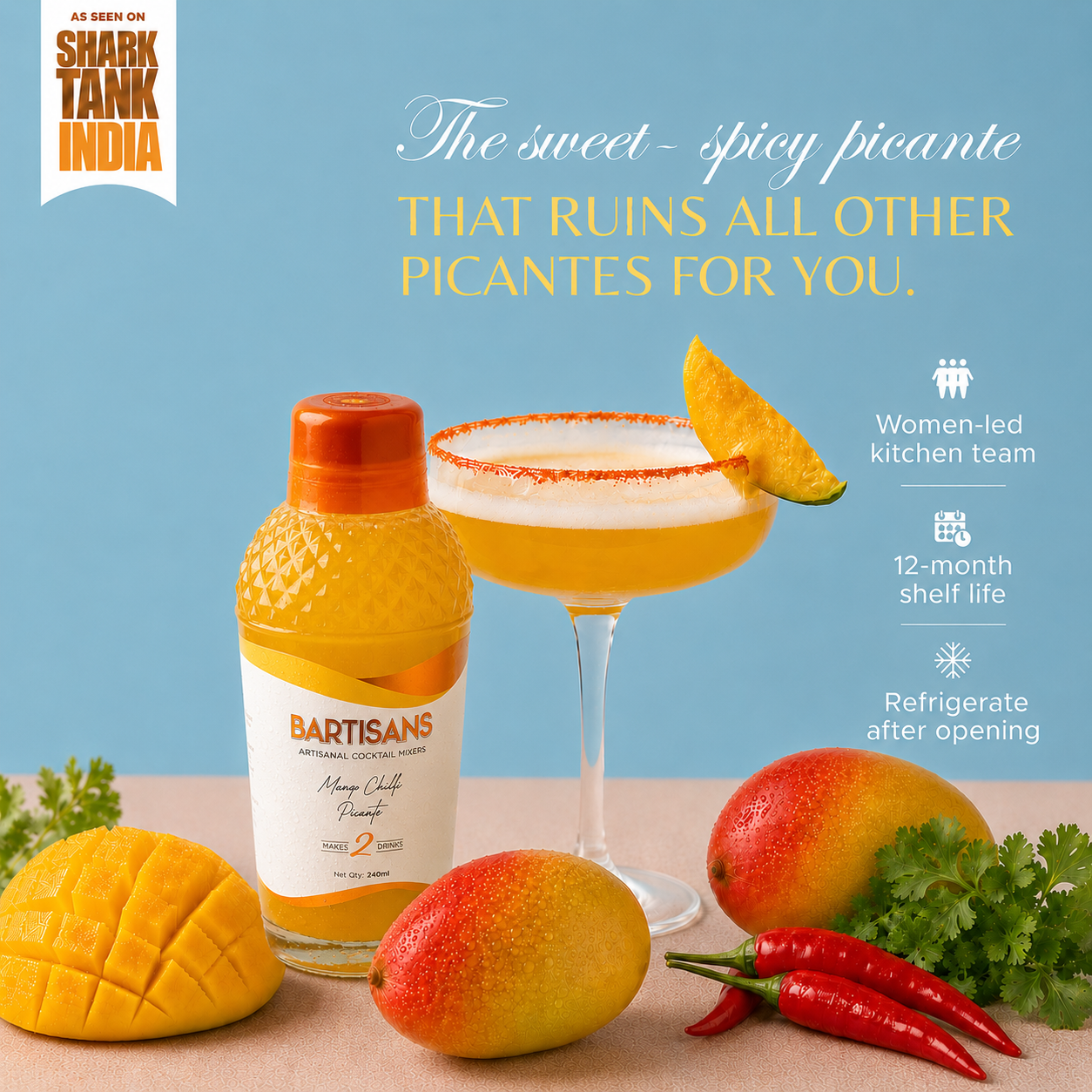  Mango Chilli Picante bottle and cocktail with Bartisans badges: women-led kitchen team, 12-month shelf life, refrigerate after opening#Serve_2 Drinks 