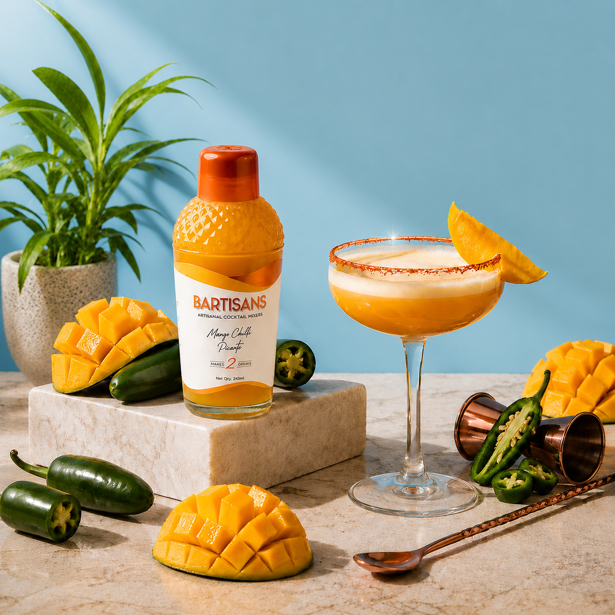  Mango Chilli Picante cocktail mixer bottle styled with a poured cocktail#Serve_2 Drinks 