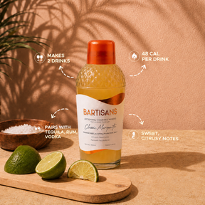 Classic Margarita bottle with callouts for servings, calories per drink, spirit pairings and taste notes