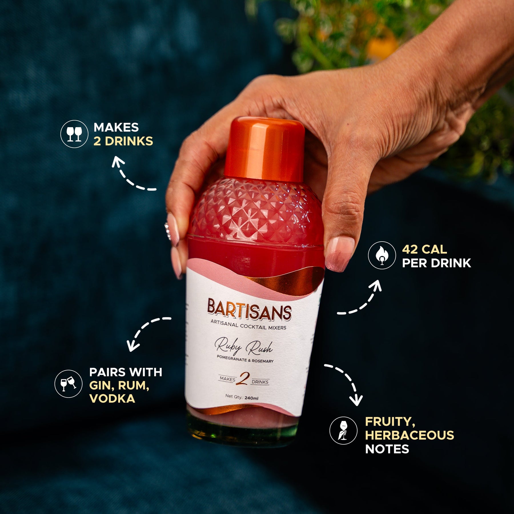 Ruby Rush 2-serve bottle with cocktail