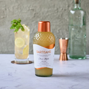 A photograph of a classic mojito cocktail made with Bartisans cocktail mixer, displayed on a neutral background. The mojito is served in a clear glass and has a pale green color, with sprigs of fresh mint visible floating in the liquid. A copper jigger and a glass bottle of Bartisans cocktail mixer are placed in the background, providing context